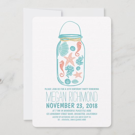 素朴なメーソンジャーの白いビーチの誕生会 招待状 (正面)