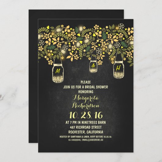 素朴なメーソンジャーの黒板のブライダルシャワー 招待状 (正面/裏面)