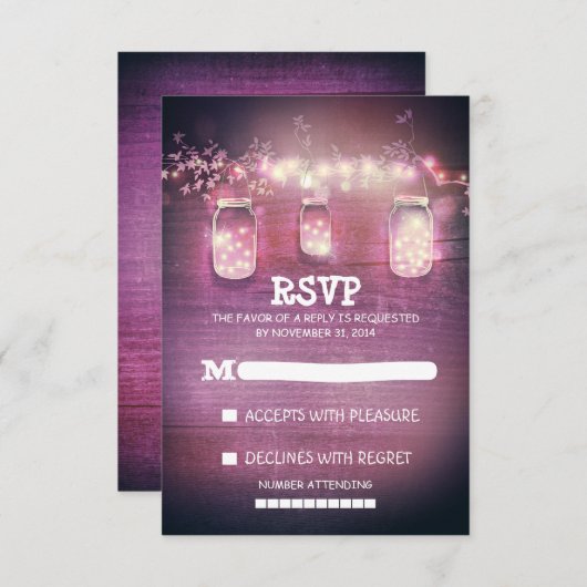 素朴なメーソンジャーはRSVPカードを結婚するライトをひもでつなぎます 出欠カード (正面/裏面)