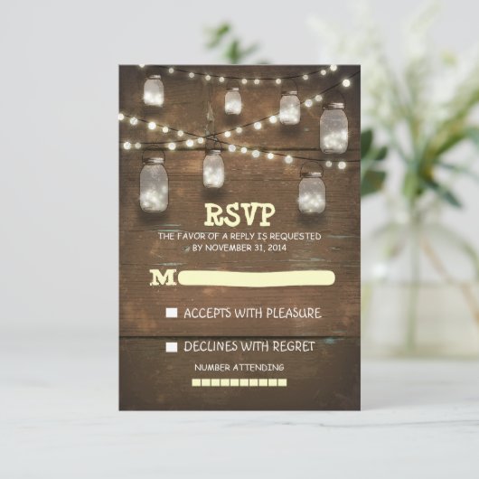 素朴なメーソンジャースと軽い結婚式のRSVPカード 出欠カード (スタンド正面)