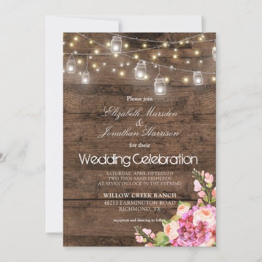 素朴なメーソンジャーライト赤面の花の結婚式 招待状 (正面)