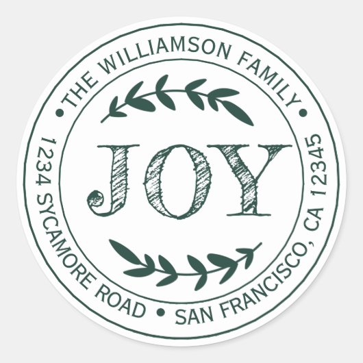 素朴なモダンなクリスマスの喜び 返送先住所ラベル 緑 ラウンドシール (正面)