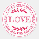 素朴なモダンなクリスマス ラブ 返信先住所 赤 ラウンドシール (正面)