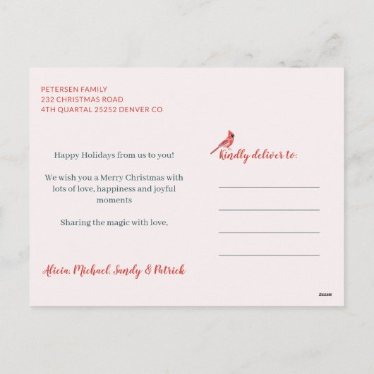 素朴なモダンなハッピーホリデー松の枝と鳥 シーズンポストカード (裏面)