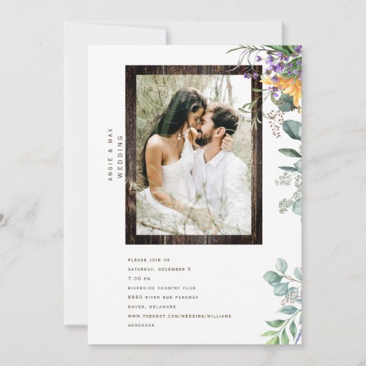 素朴なモダンウッドフレーム フォト 植物 招待状 (正面)