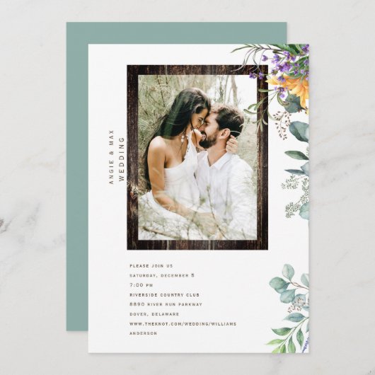 素朴なモダンウッドフレーム フォト 植物 招待状 (正面/裏面)