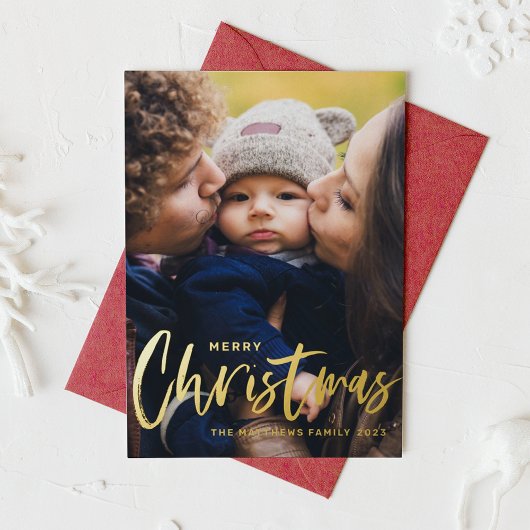 素朴なモダンカリグラフィー写真 クリスマスおめでとう 箔シーズンカード