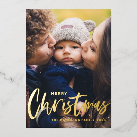 素朴なモダンカリグラフィー写真 クリスマスおめでとう 箔シーズンカード (正面)