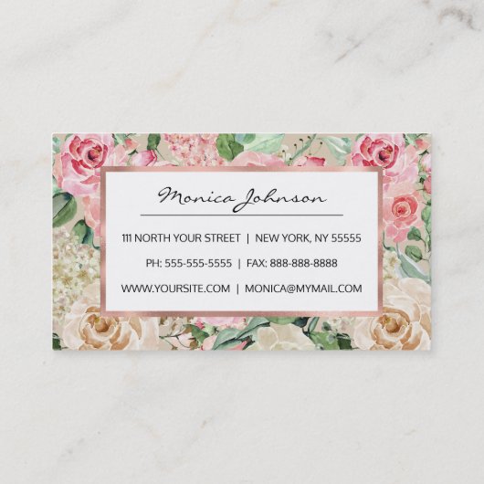 素朴なモダンクリームバラピンクの水色フローラ 名刺 (裏面)