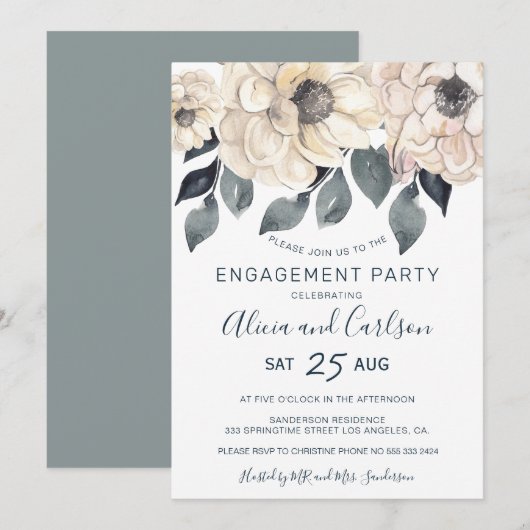 素朴なモダンフローラ書道婚約パーティ 招待状 (正面/裏面)