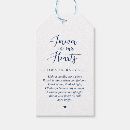 素朴なモダン ネイビーブルー、葬儀 追悼式 ギフトタグ (正面)