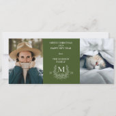 素朴なモノグラム ダークグリーン ホリデー フォト カード (正面)