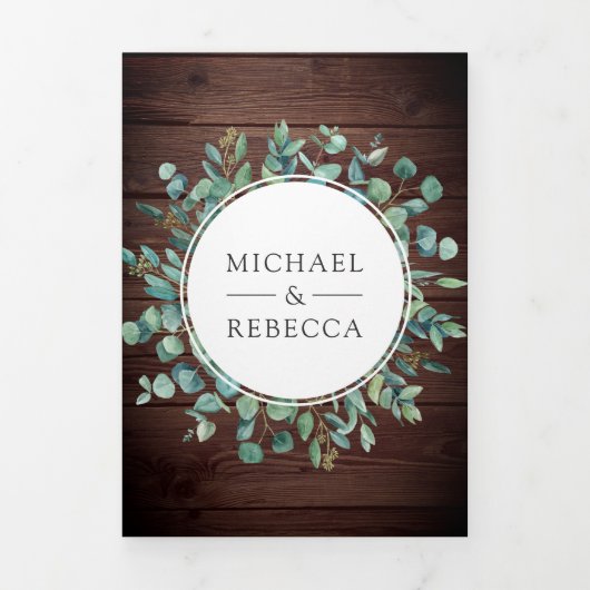 素朴なユーカリの写真と納屋の木のQRコード結婚式 三つ折り招待状 (カバー)