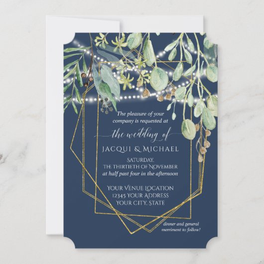 素朴なユーカリの森の葉の幾何学的なウェディング 招待状 (正面)