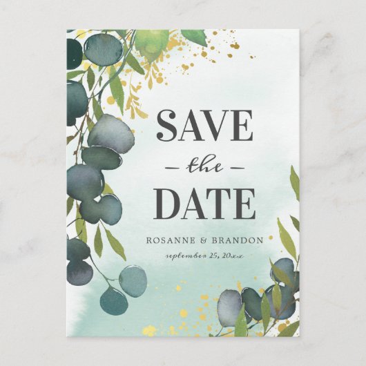 素朴なユーカリの結婚式 Save the Date 案内ポストカード (正面)