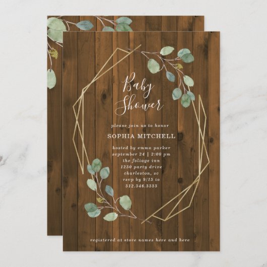 素朴なユーカリの緑の草木|の幾何学的なベビーシャワー 招待状 (正面/裏面)