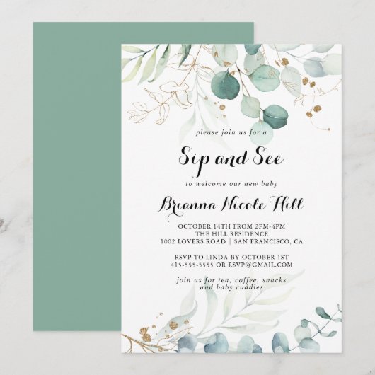 素朴なユーカリゴールドの花の赤ちゃんのお披露目パーティー 招待状 (正面/裏面)