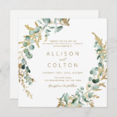 素朴なユーカリ金ゴールド金ゴールド結婚グリーンリー 招待状 (正面/裏面)