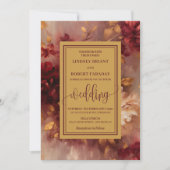 素朴なラグジュアリー ディープレッド ゴールド ローズ ウェディング 招待状 (正面)