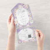 素朴なラベンダー&ピンクのパステルカラーの花のQRコード オールインワン招待状 (貼ってはがせる)