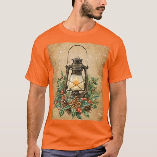素朴なランタンのクリスマスヒーリングパインの居心地の良いお祭り Tシャツ (正面)