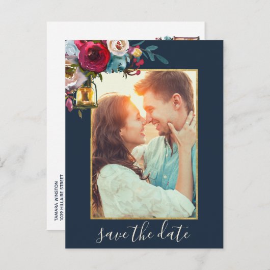 素朴なランタンのバーガンディ海軍写真の保存日付 案内ポストカード (正面/裏面)