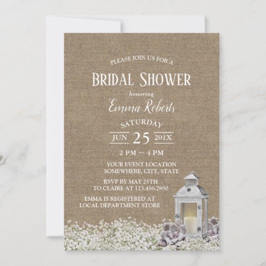 素朴なランタンの国の花のバーラップのブライダルシャワー 招待状 (正面)