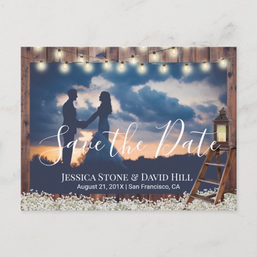 素朴なランタンの木の梯子の結婚式の保存日付 案内ポストカード (正面)