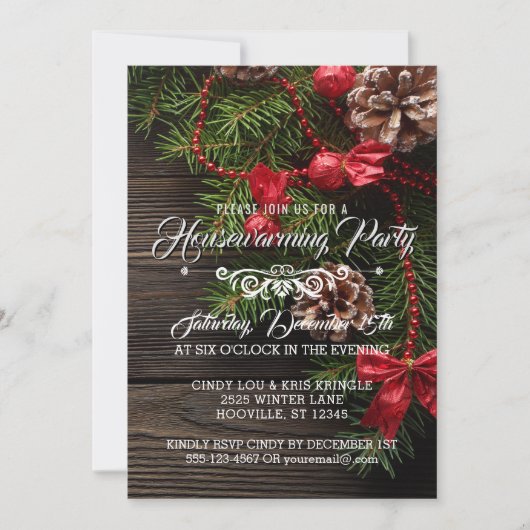 素朴なリースの冬休みの引っ越し祝いパーティーのパーティー 招待状 (正面)