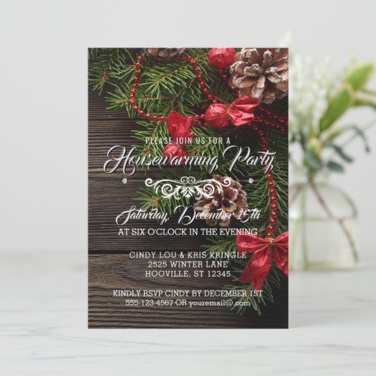 素朴なリースの冬休みの引っ越し祝いパーティーのパーティー 招待状 (スタンド正面)