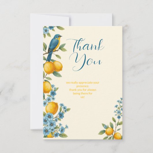 素朴なレモンとブルーバードのブライダルシャワー サンキューカード (正面)