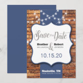 素朴なレンガの背景に青のアクセントのSave the Date セーブザデート (正面/裏面)
