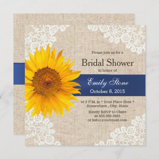 素朴なレースのヒマワリ及びバーラップのブライダルシャワー 招待状 (正面/裏面)