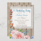 素朴なレースのピンクのバラの花束の誕生日招待状 招待状 (正面/裏面)