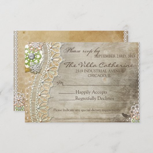 素朴なレースの動揺してな結婚披露宴RSVP 出欠カード (正面/裏面)