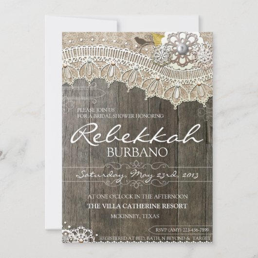 素朴なレースの木製のブライダルシャワーの招待状 招待状 (正面)