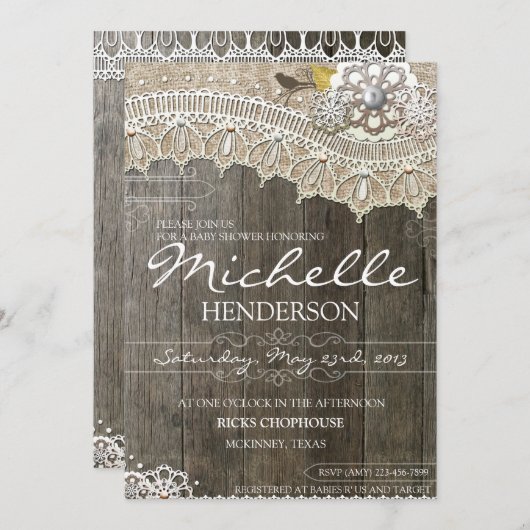 素朴なレースの木製のベビーシャワーの招待状 招待状 (正面/裏面)