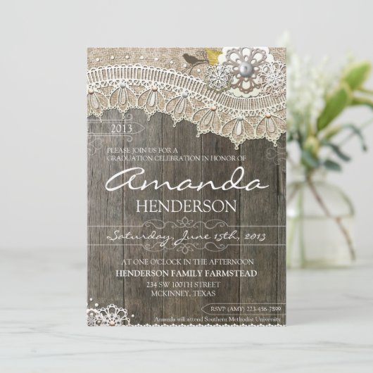 素朴なレースの木製の卒業の招待状 招待状 (スタンド正面)