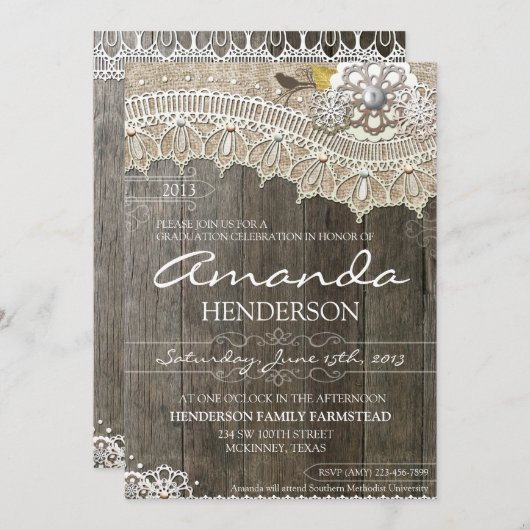 素朴なレースの木製の卒業の招待状 招待状 (正面/裏面)