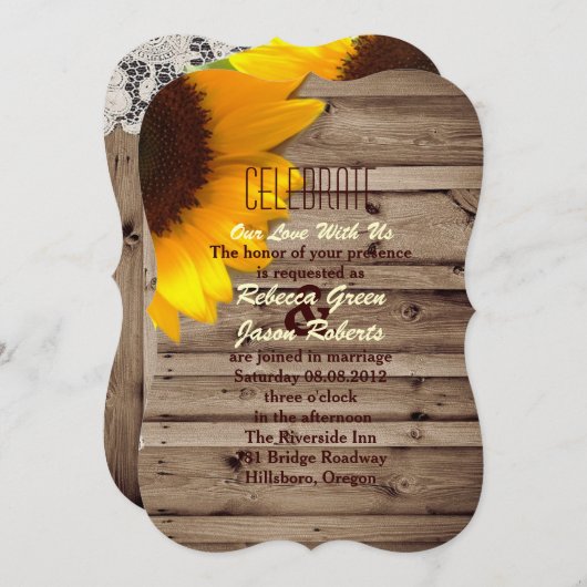 素朴なレースの納屋の木のひまわりカントリーウェディング 招待状 (正面/裏面)