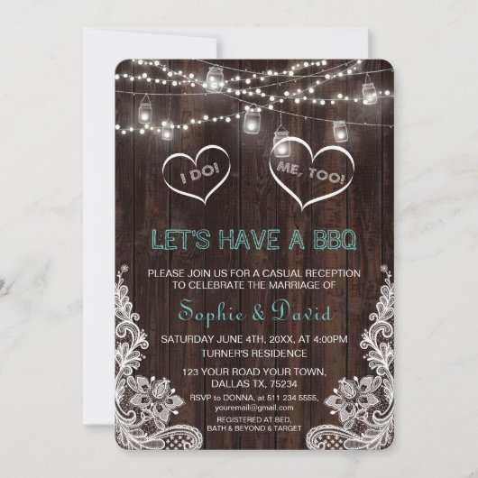 素朴なレースの紐の照明 古い納屋 私も BBQ に招待 招待状 (正面)