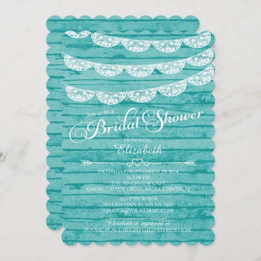 素朴なレース及び青い木製のブライダルシャワーの招待状 招待状 (正面/裏面)