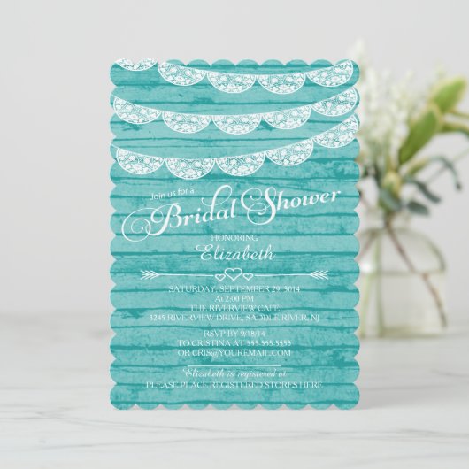 素朴なレース及び青い木製のブライダルシャワーの招待状 招待状 (スタンド正面)