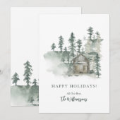 素朴なログハウスの水彩画 フォレストグリーン パーソナライズされた シーズンカード (正面/裏面)