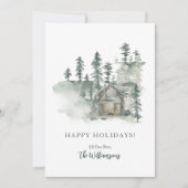 素朴なログハウスの水彩画　フォレストグリーン　パーソナライズ シーズンカード (正面)