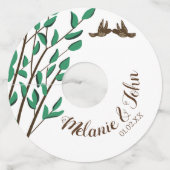 素朴なロマンチックな鳥の木の緑のカップル名 ワイングラスタグ (正面)