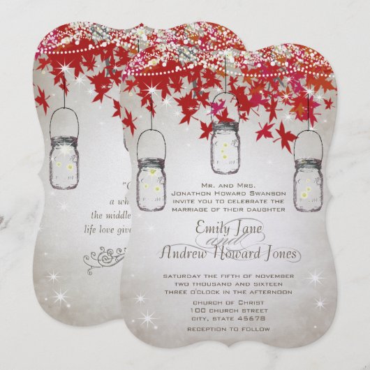 素朴なロマンチック メイソンジャー 赤い秋の木 招待状 (正面/裏面)