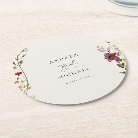 素朴なワイルドフラワーのアイボリークリームロマンチックウェディング ラウンドペーパーコースター (アングル)