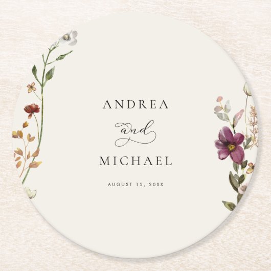 素朴なワイルドフラワーのアイボリークリームロマンチックウェディング ラウンドペーパーコースター (正面)