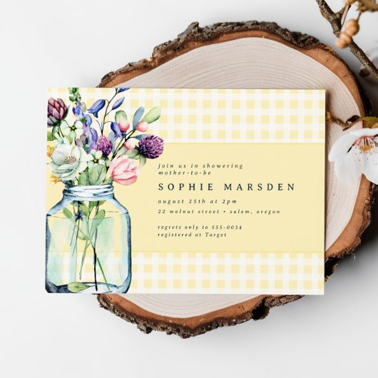 素朴なワイルドフラワーのメイソンジャー ピクニック ベビーシャワー 招待状